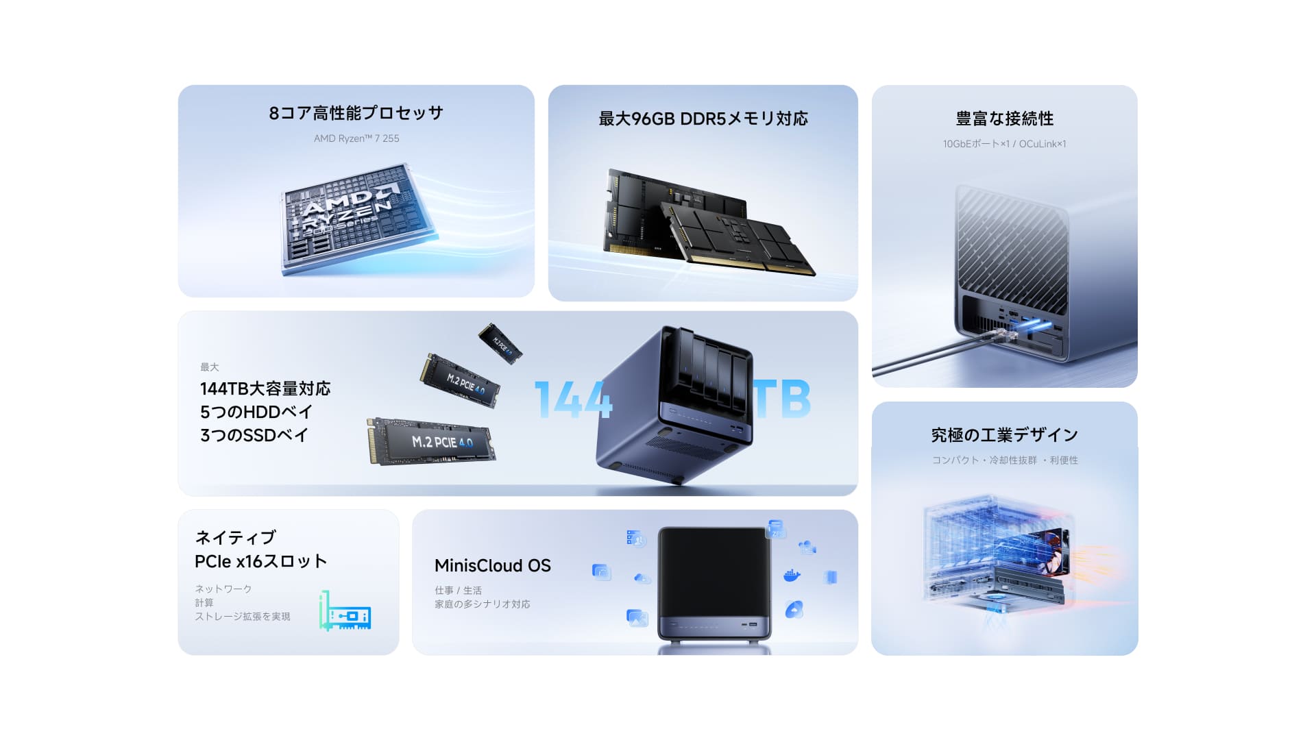 Minisforum N5 Air | 1. 8コア高性能プロセッサ
AMD Ryzen™ 7 255
最大96GB DDR5メモリ対応
豊富な接続性
10GbEポート×1 / OCuLink×1
最大144TB大容量対応
5つのHDDベイ
3つのSSDベイ
ネイティブ PCIe x16スロット
ネットワーク計算ストレージ拡張を実現
MinisCloud OS
仕事 / 生活 / 家庭の多シナリオ対応
究極の工業デザイン
コンパクト・冷却性抜群 ・利便性